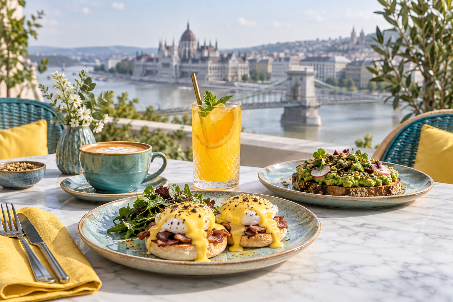 Brunch asztal tojásos fogásokkal, avokádós pirítóssal és italokkal